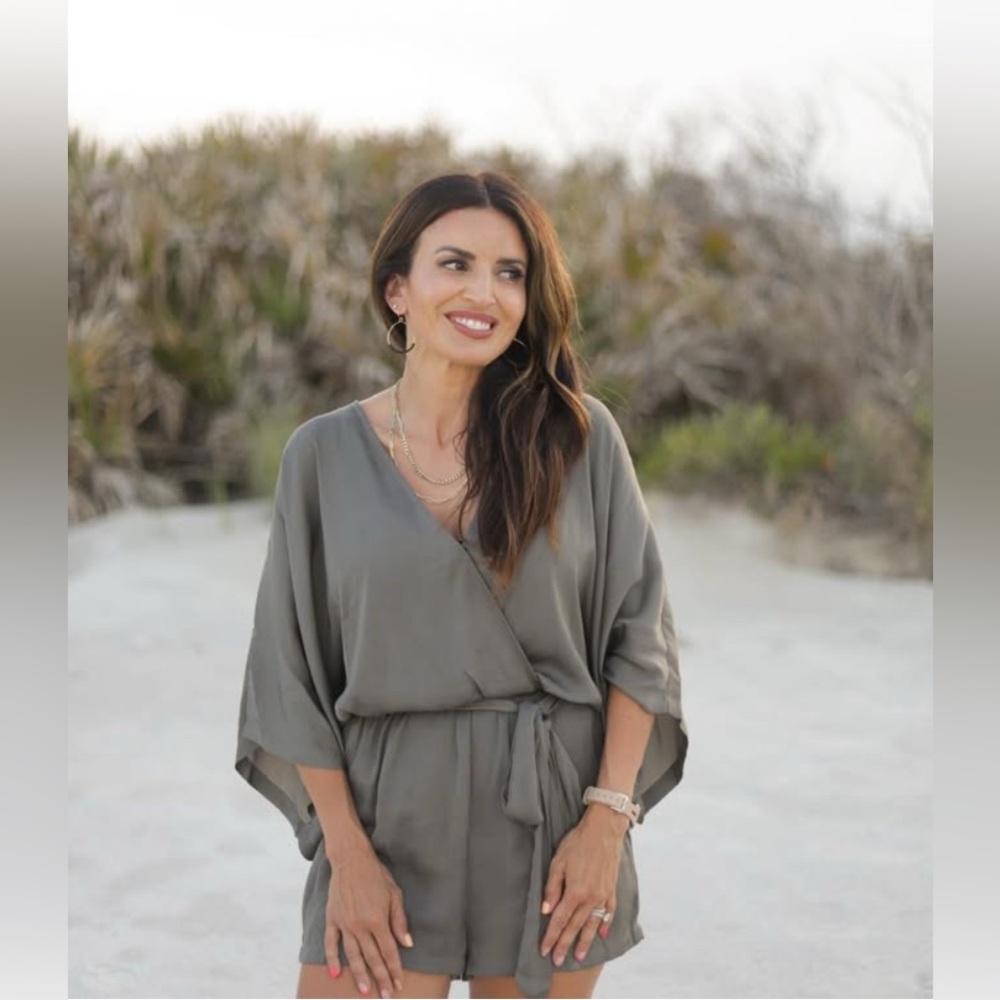 LULU'S Greenish Gray Wrap Matte Satin Romper